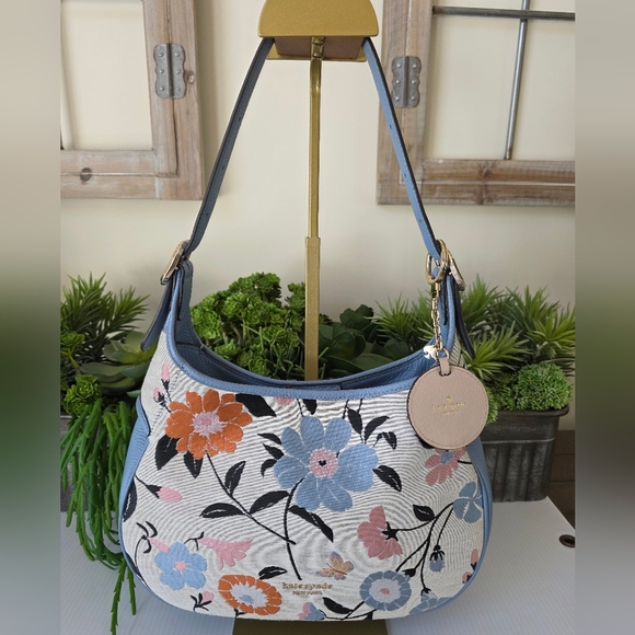 Handbags - Kate Spade Penny Floral Jacquard Small Hobo + Rose Leather Circle Mirror Charm